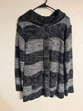 Women's Hooded Button-Front Knit Cardigan - Black & Gray Stripe